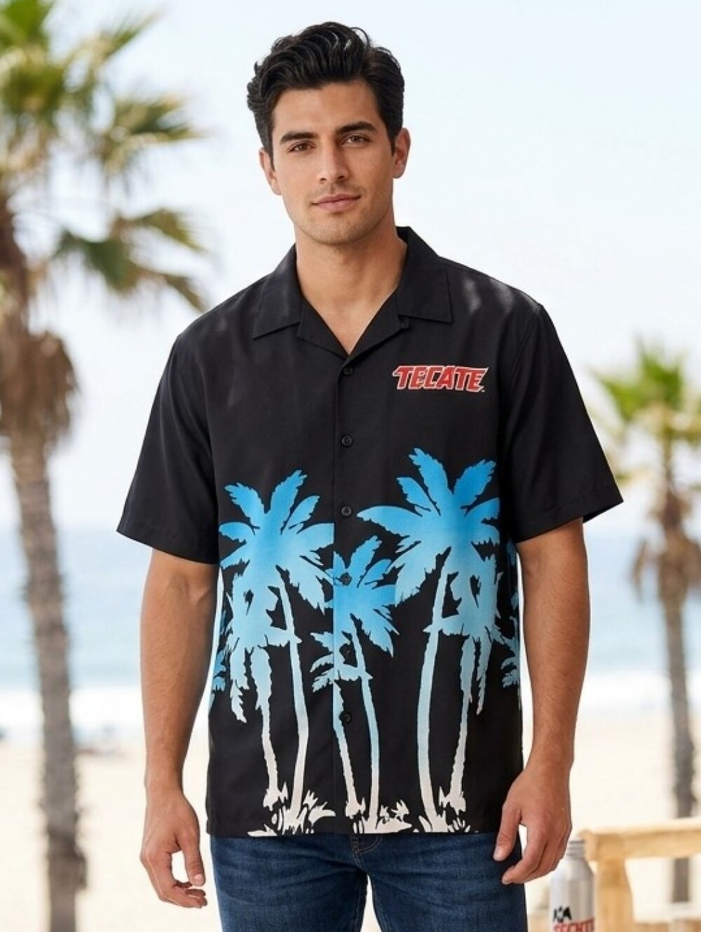 TecateTropical Men's Black Button-Up Shirt with Blue Palm Print Size XL
